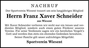 Traueranzeige Franz Xaver Schneider