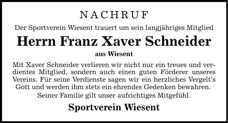 Traueranzeige Franz Xaver Schneider