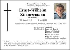 Traueranzeige Ernst-Wilhelm Zimmernann