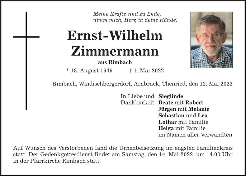 Traueranzeige Ernst-Wilhelm Zimmernann