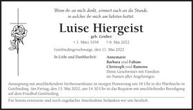 Traueranzeige Luise Hiergeist