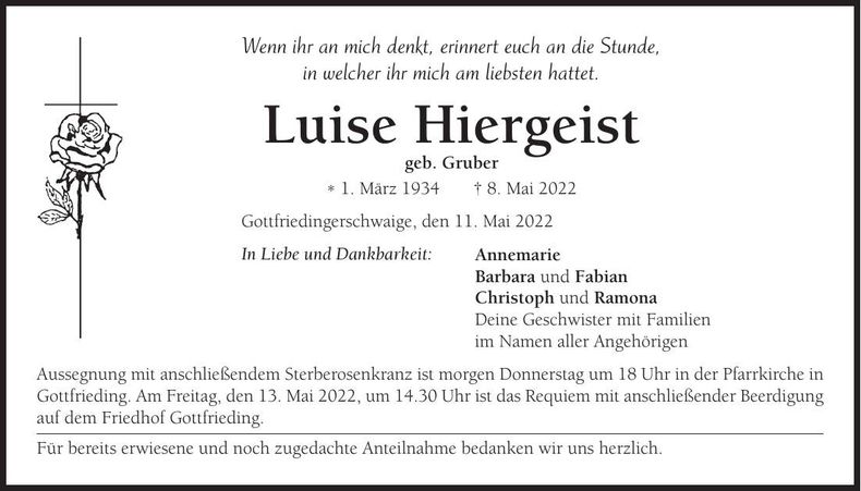 Traueranzeige Luise Hiergeist