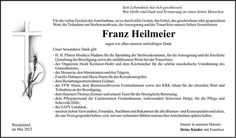 Traueranzeige Franz Heilmeier