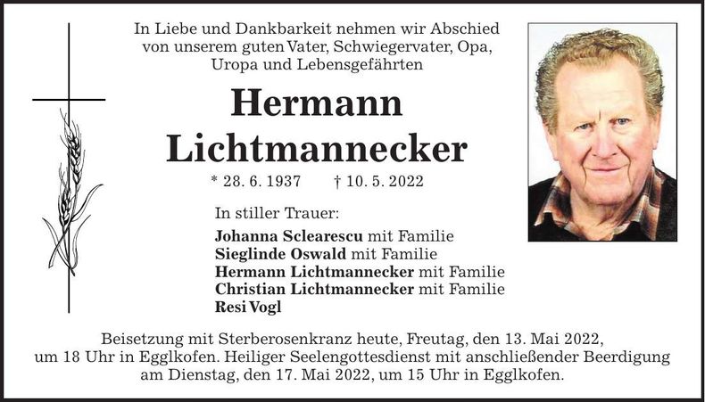 Traueranzeige Hermann Lichtmannecker