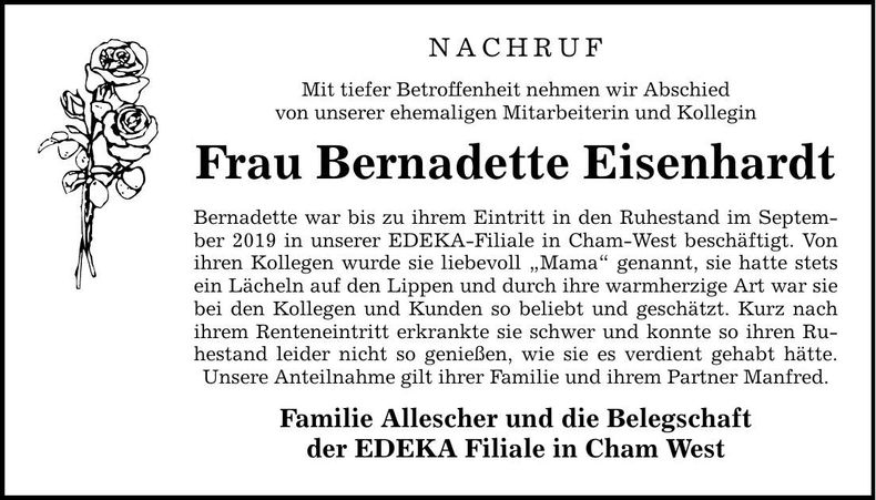 Traueranzeige Bernadette Eisenhardt