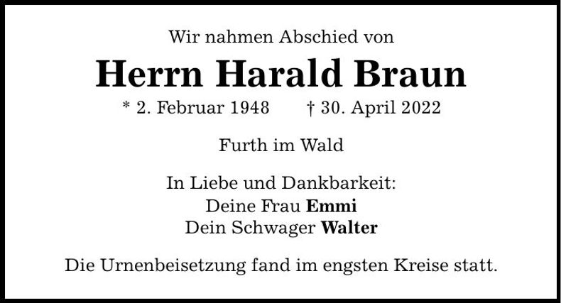 Traueranzeige Harald Braun