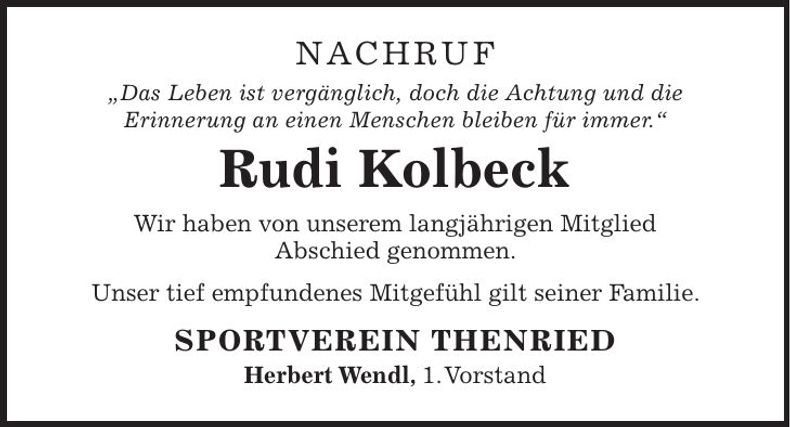Traueranzeige Rudi Kolbeck