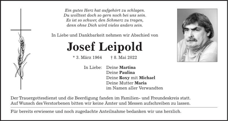 Traueranzeige Josef Leipold