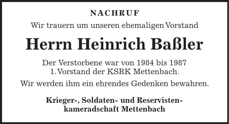 Traueranzeige Heinrich Baßler