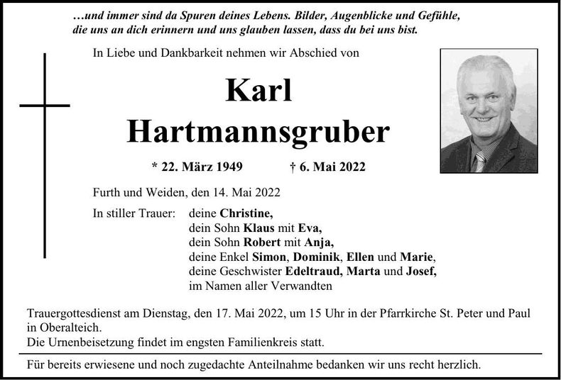Traueranzeige Karl Hartmannsgruber