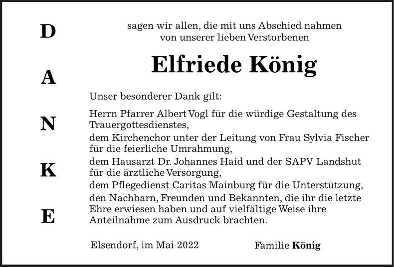 Traueranzeige Elfriede König