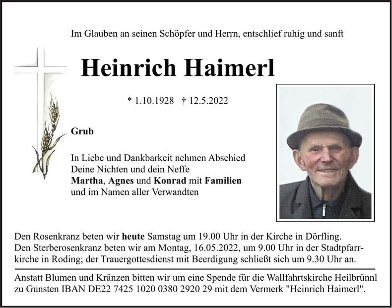 Traueranzeige Heinrich Haimerl