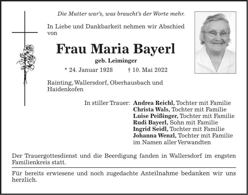 Traueranzeige Maria Bayerl