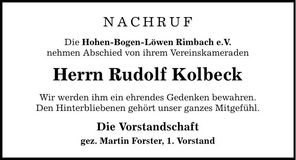 Traueranzeige Rudolf Kolbeck