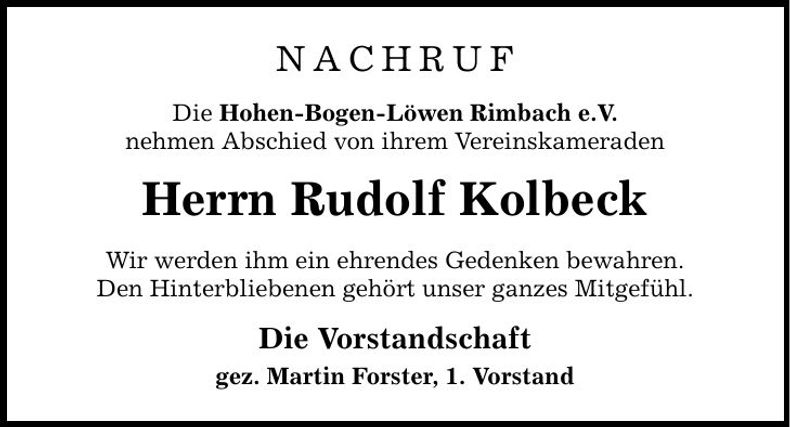 Traueranzeige Rudolf Kolbeck