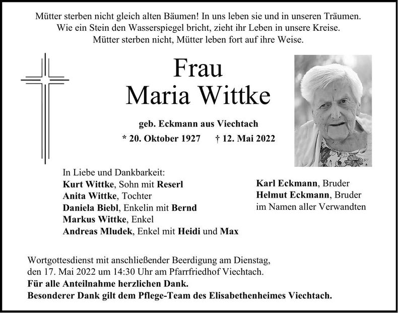 Traueranzeige Maria Wittke