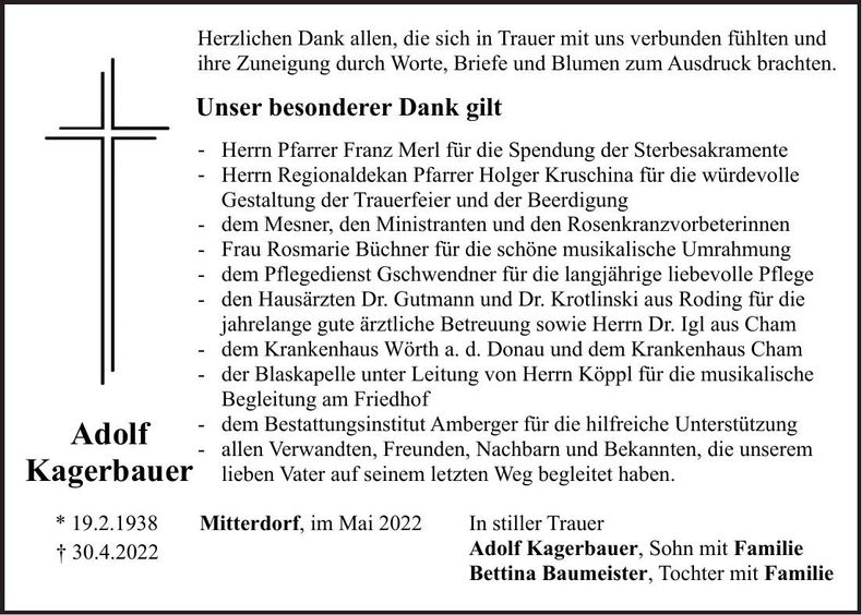Traueranzeige Adolf Kagerbauer