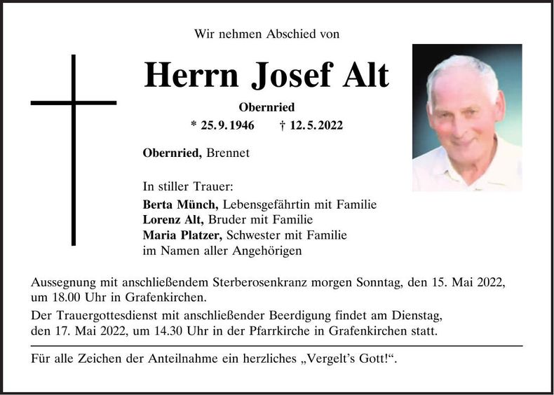 Traueranzeige Josef Alt
