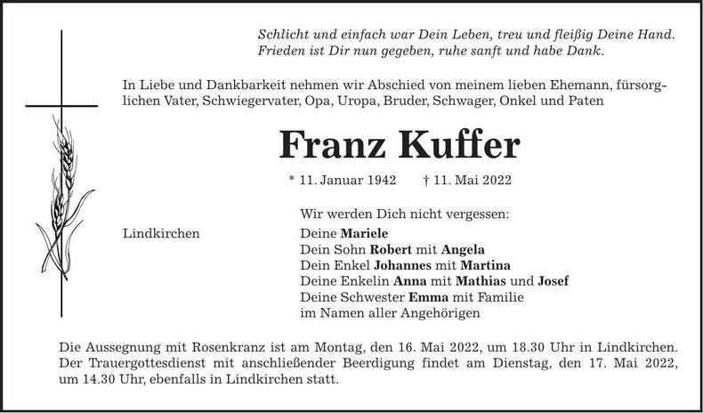 Traueranzeige Franz Kuffer