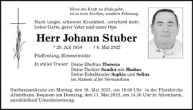 Traueranzeige Johann Stuber