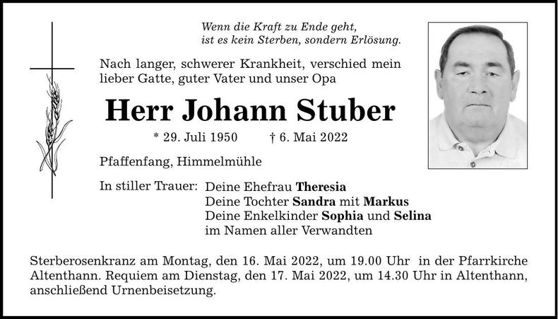 Traueranzeige Johann Stuber