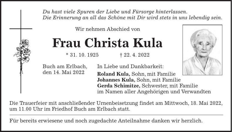 Traueranzeige Christa Kula