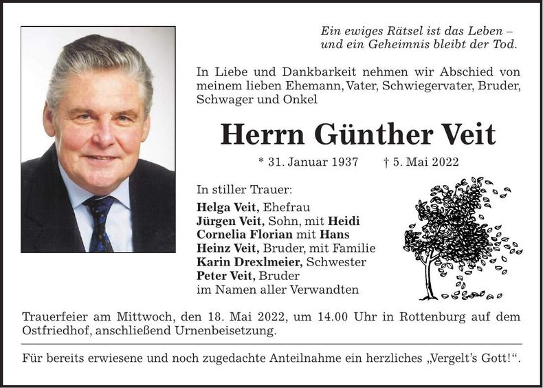 Traueranzeige Günther Veit
