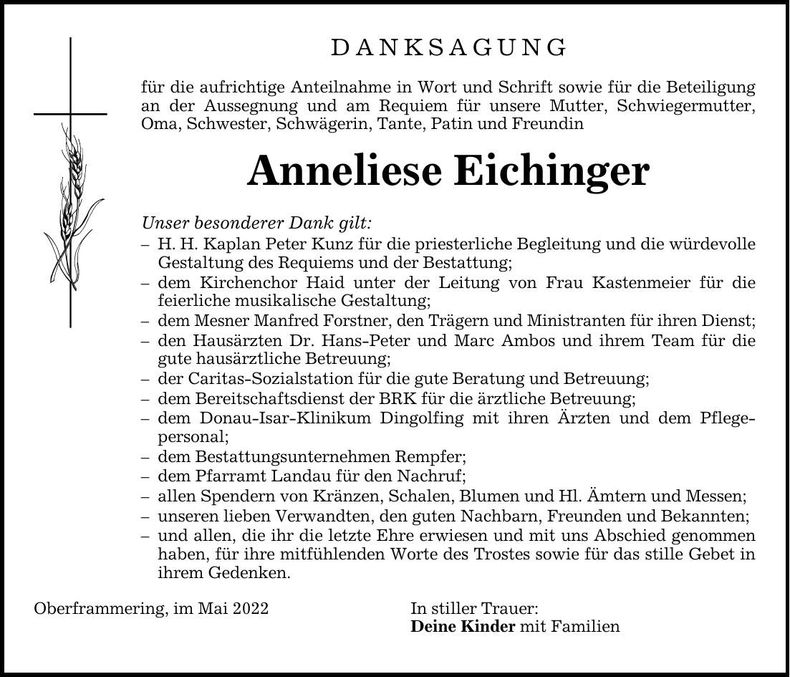 Traueranzeige Anneliese Eichinger