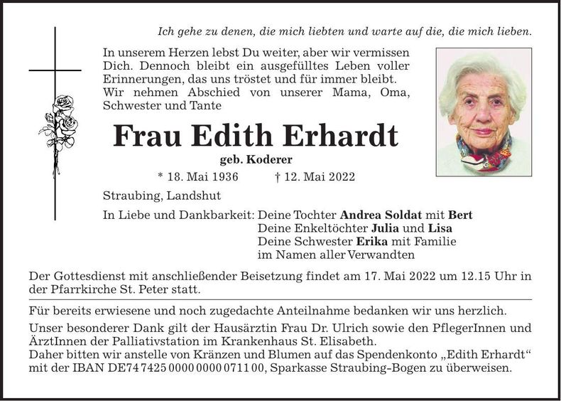 Traueranzeige Edith Erhardt