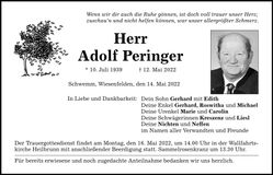 Traueranzeige Adolf Peringer