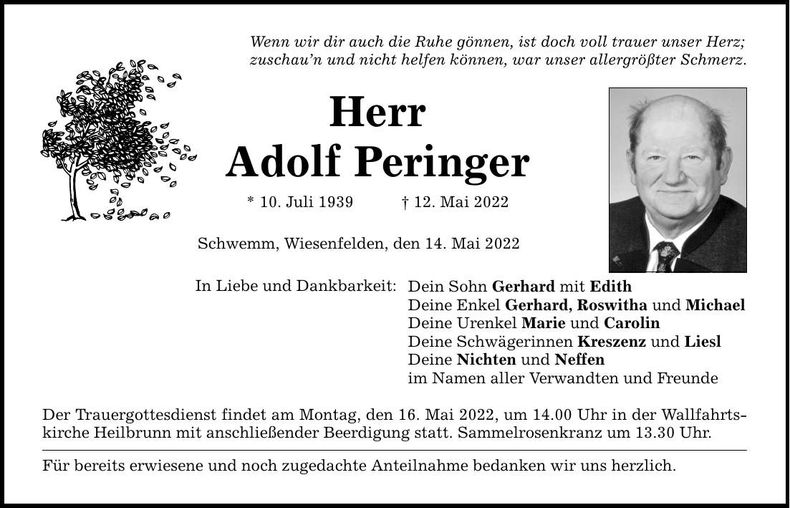 Traueranzeige Adolf Peringer