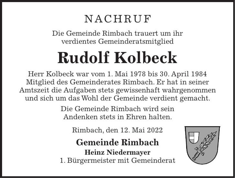 Traueranzeige Rudi Kolbeck