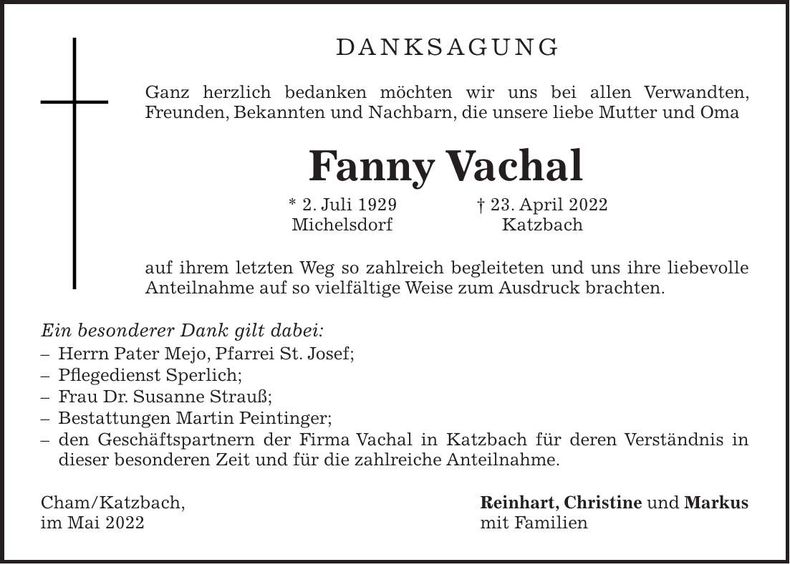 Traueranzeige Fanny Vachal