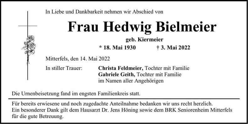 Traueranzeige Hedwig Bielmeier