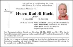 Traueranzeige Rudolf Bachl