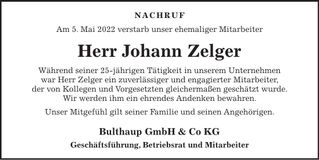 Traueranzeige Johann Zelger