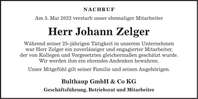 Traueranzeige Johann Zelger