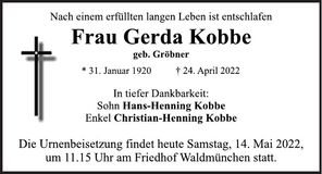 Traueranzeige Gerda Kobbe