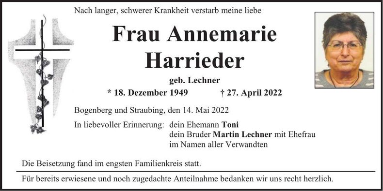 Traueranzeige Annemarie Harrieder