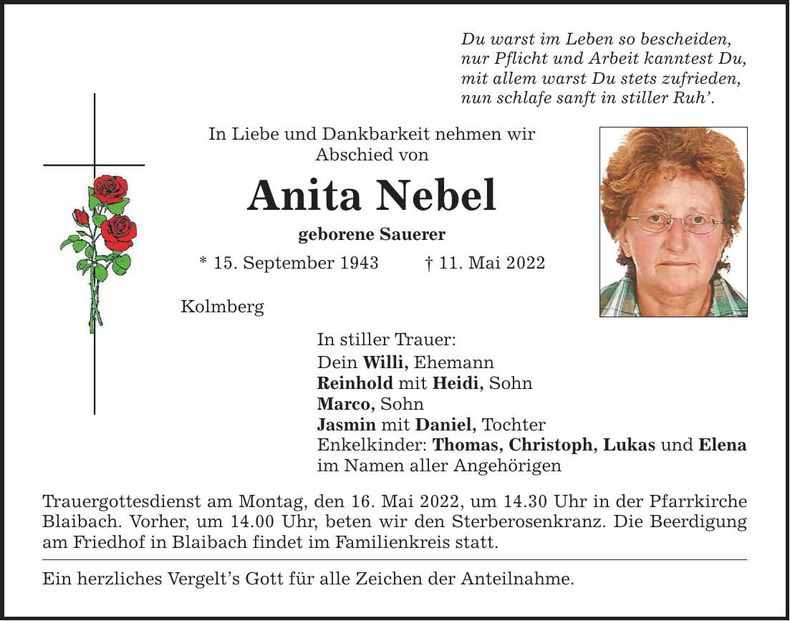 Traueranzeige Anita Nebel