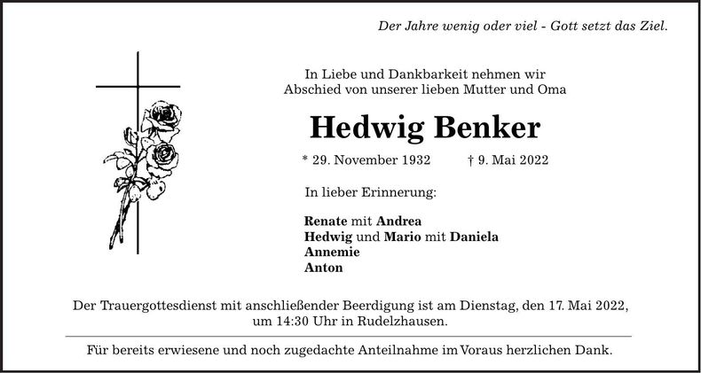 Traueranzeige Hedwig Benker