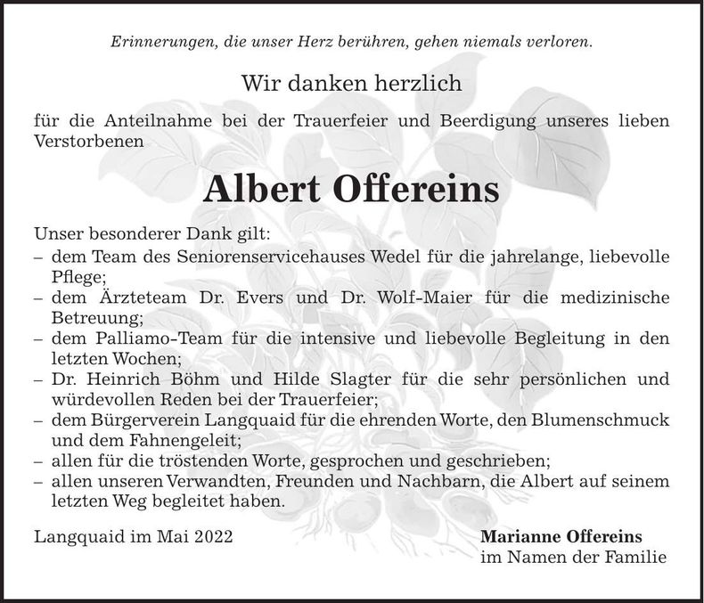 Traueranzeige Albert Offereins