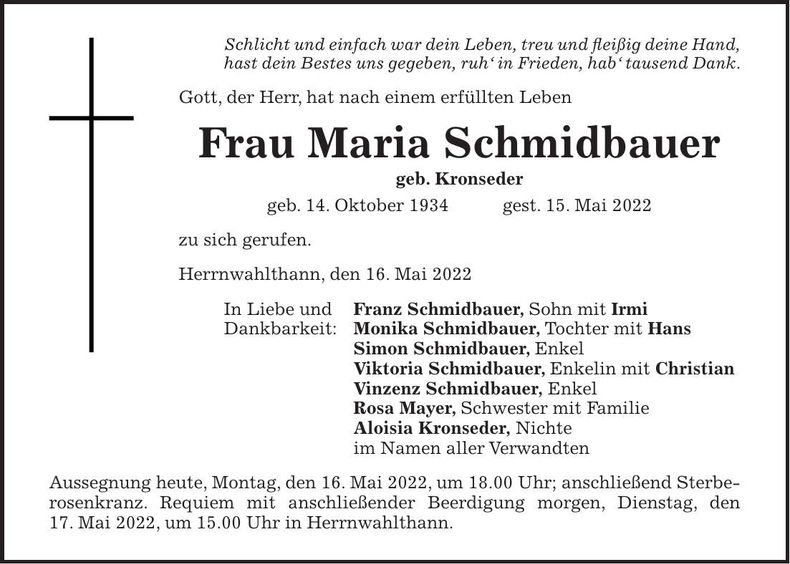 Traueranzeige Maria Schmidbauer