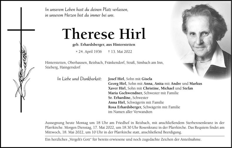 Traueranzeige Therese Hirl