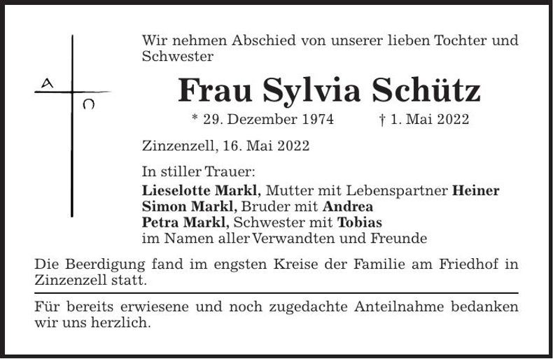 Traueranzeige Sylvia Schütz
