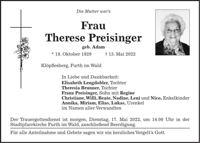 Traueranzeige Therese Preisinger