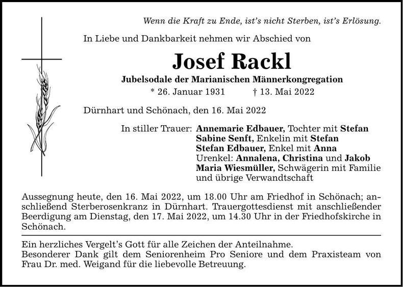 Traueranzeige Josef Rackl