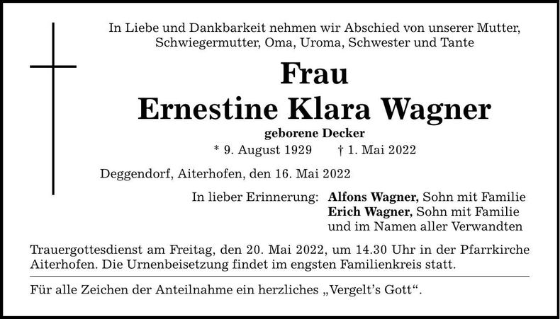 Traueranzeige Ernestine Klara Wagner