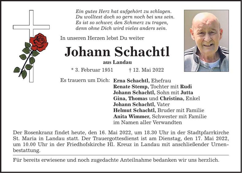 Traueranzeige Johann Schachtl