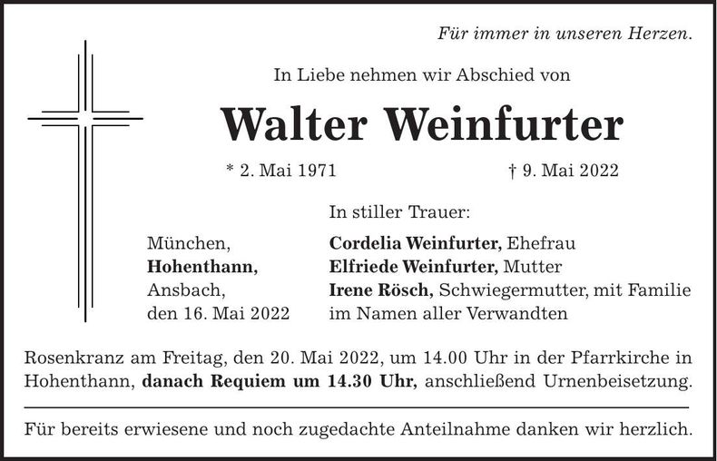 Traueranzeige Walter Weinfurter